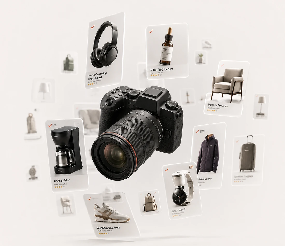 Modern mirrorless camera surrounded by premium Amazon product cards